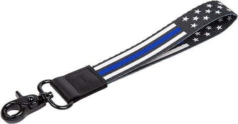 American Flag Wristlet Strap Lanyard Keychain - Badge and ID Holder (Thin Blue Line)