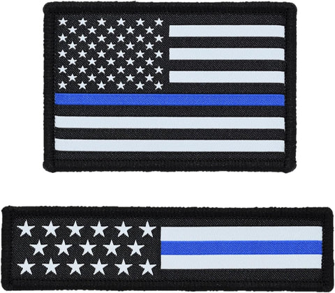 American Flag Hat Patch Set, 2x3 & 1x4, Woven, Hook and Loop (Thin Blue Line)