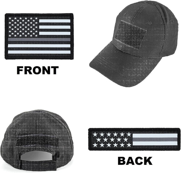 American Flag Hat Patch Set, 2x3 & 1x4, Woven, Hook and Loop (Thin Grey Line)