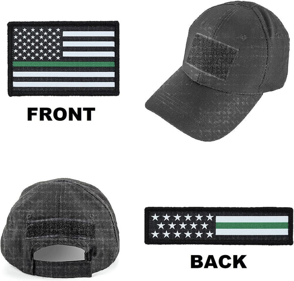 American Flag Hat Patch Set, 2x3 & 1x4, Woven, Hook and Loop (Thin Green Line)