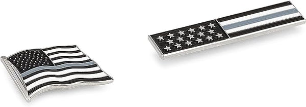 Thin Grey Line American Flag USA Lapel Pin Set - Waving Flag + Rectangle Bar