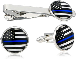 American Flag Tie Bar Clip and Cufflinks Set - Silver Colored Metal Plated - Luxury Clothing Accessories (Thin Blue Line)