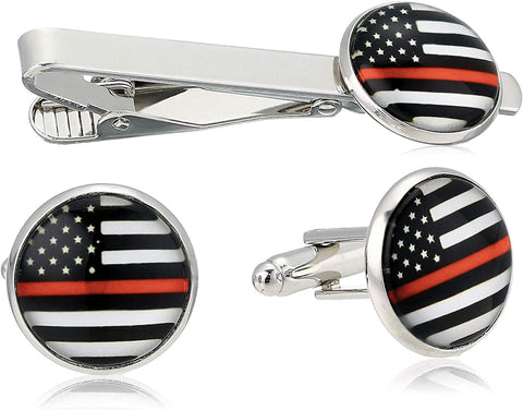 American Flag Tie Bar Clip and Cufflinks Set - Silver Colored Metal Plated - Luxury Clothing Accessories (Thin Red Line)