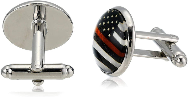 American Flag Tie Bar Clip and Cufflinks Set - Silver Colored Metal Plated - Luxury Clothing Accessories (Thin Red Line)