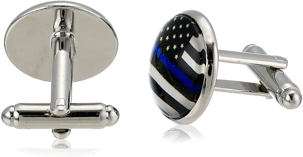 American Flag Tie Bar Clip and Cufflinks Set - Silver Colored Metal Plated - Luxury Clothing Accessories (Thin Blue Line)