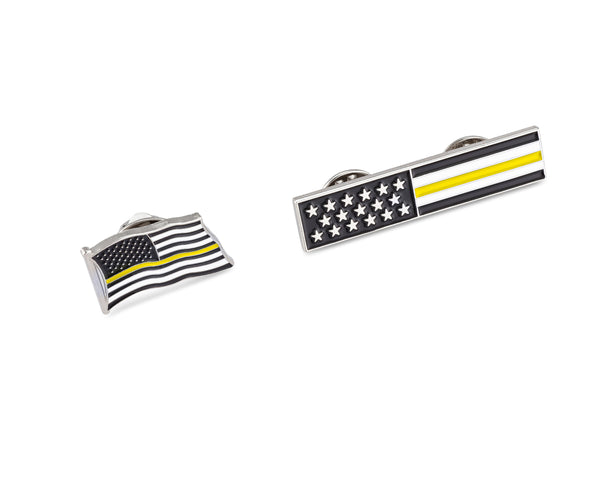 Thin Gold Line American Flag USA Lapel Pin Set - Waving Flag + Rectangle Bar