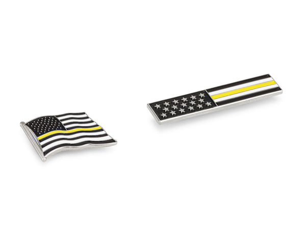 Thin Gold Line American Flag USA Lapel Pin Set - Waving Flag + Rectangle Bar