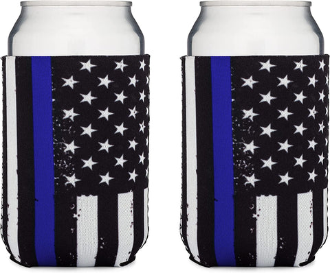 Thin Blue Line Collapsible Beer Can and Bottle Beverage Cooler Sleeves - 2 Pack - Standard Size 12 oz - 3mm Thick Insulated Neoprene