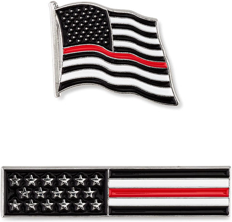 Thin Red Line American Flag USA Lapel Pin Set - Waving Flag + Rectangle Bar