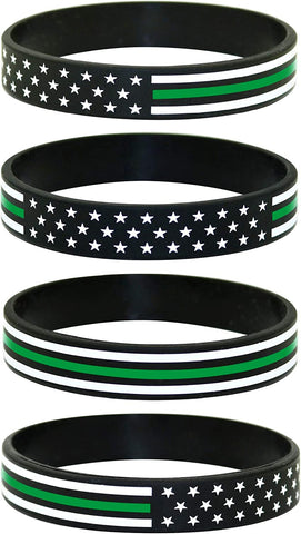 American Flag Silicone Stretchable Bracelet 4-Pack (Thin Green Line)