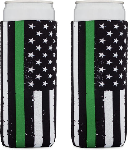 Thin Green Line Collapsible Beer and Seltzer Can Beverage Cooler Sleeves - 2 Pack - Tall Slim Size 12 oz - 3mm Thick Insulated Neoprene
