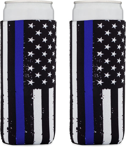 Thin Blue Line Collapsible Beer and Seltzer Can Beverage Cooler Sleeves - 2 Pack - Tall Slim Size 12 oz - 3mm Thick Insulated Neoprene
