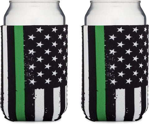 Thin Green Line Collapsible Beer Can and Bottle Beverage Cooler Sleeves - 2 Pack - Standard Size 12 oz - 3mm Thick Insulated Neoprene