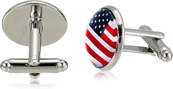 American Flag Tie Bar Clip and Cufflinks Set - Silver Colored Metal Plated - Luxury Clothing Accessories (Red White Blue)
