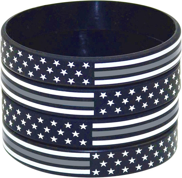 American Flag Silicone Stretchable Bracelet 4-Pack (Thin Grey Line)