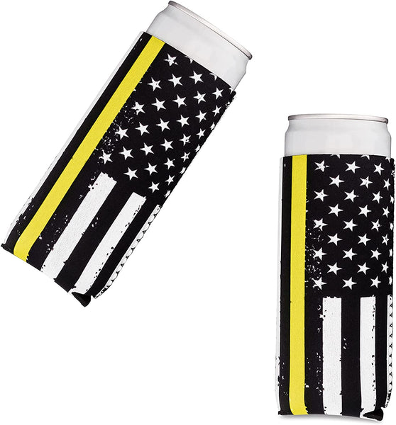 Thin Gold-Yellow Line Collapsible Beer and Seltzer Can Beverage Cooler Sleeves - 2 Pack - Tall Slim Size 12 oz - 3mm Thick Insulated Neoprene