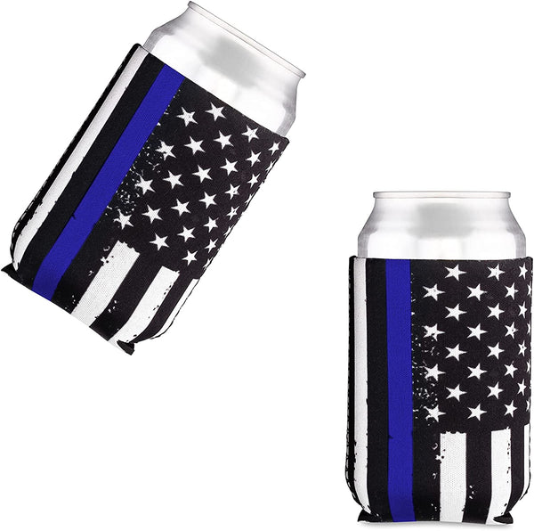 Thin Blue Line Collapsible Beer Can and Bottle Beverage Cooler Sleeves - 2 Pack - Standard Size 12 oz - 3mm Thick Insulated Neoprene