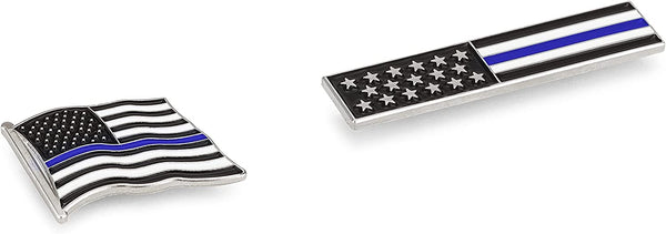 Thin Blue Line American Flag USA Lapel Pin Set - Waving Flag + Rectangle Bar