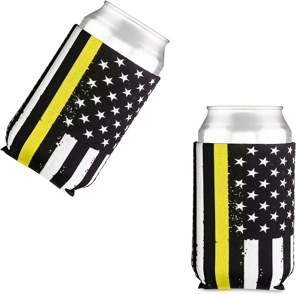 Thin Gold-Yellow Line Collapsible Beer Can and Bottle Beverage Cooler Sleeves - 2 Pack - Standard Size 12 oz - 3mm Thick Insulated Neoprene