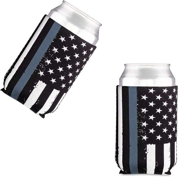 Thin Grey-Gray-Silver Line Collapsible Beer Can and Bottle Beverage Cooler Sleeves - 2 Pack - Standard Size 12 oz - 3mm Thick Insulated Neoprene