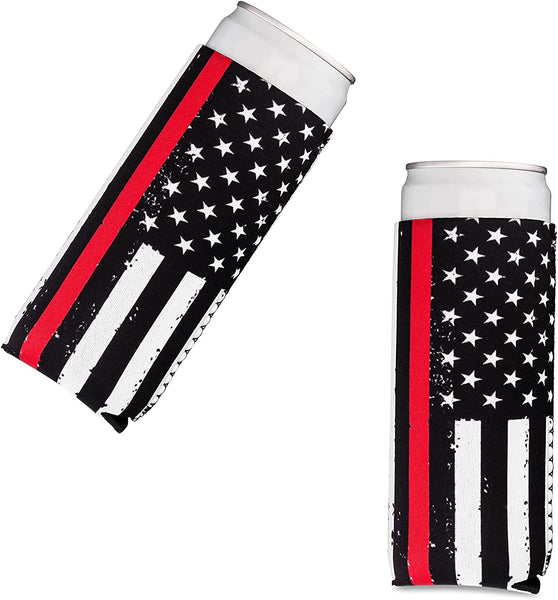 Thin Red Line Collapsible Beer and Seltzer Can Beverage Cooler Sleeves - 2 Pack - Tall Slim Size 12 oz - 3mm Thick Insulated Neoprene