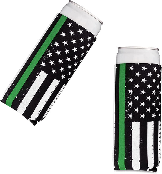 Thin Green Line Collapsible Beer and Seltzer Can Beverage Cooler Sleeves - 2 Pack - Tall Slim Size 12 oz - 3mm Thick Insulated Neoprene