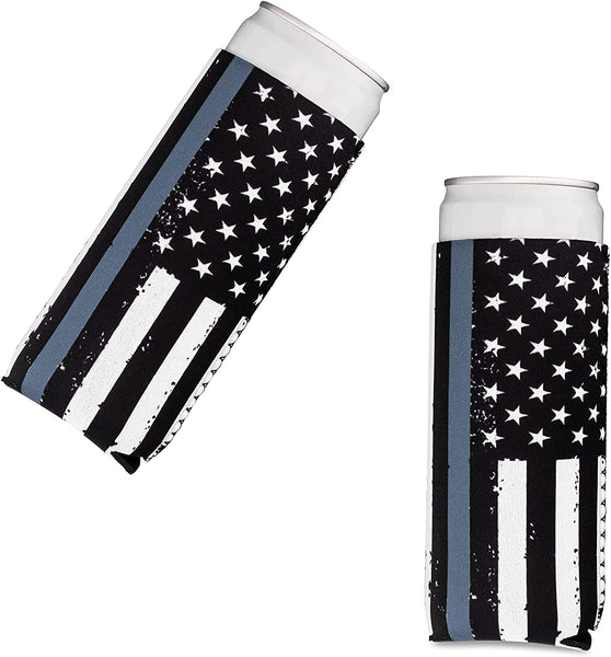Thin Grey-Gray-Silver Line Collapsible Beer and Seltzer Can Beverage Cooler Sleeves - 2 Pack - Tall Slim Size 12 oz - 3mm Thick Insulated Neoprene