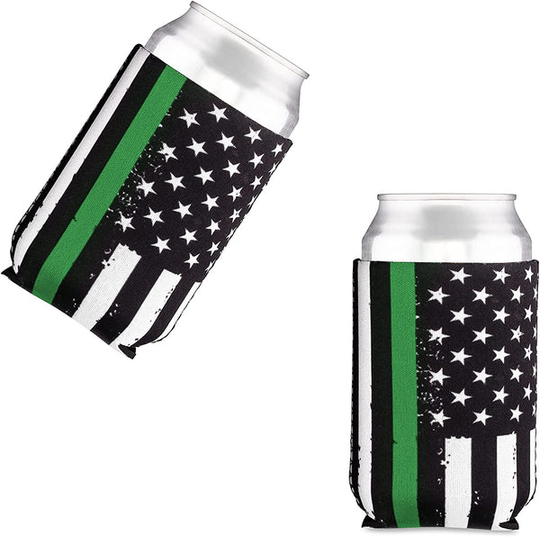 Thin Green Line Collapsible Beer Can and Bottle Beverage Cooler Sleeves - 2 Pack - Standard Size 12 oz - 3mm Thick Insulated Neoprene