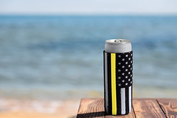 Thin Gold-Yellow Line Collapsible Beer and Seltzer Can Beverage Cooler Sleeves - 2 Pack - Tall Slim Size 12 oz - 3mm Thick Insulated Neoprene