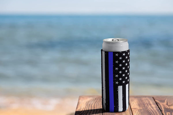 Thin Blue Line Collapsible Beer and Seltzer Can Beverage Cooler Sleeves - 2 Pack - Tall Slim Size 12 oz - 3mm Thick Insulated Neoprene