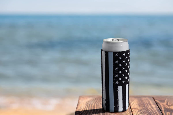 Thin Grey-Gray-Silver Line Collapsible Beer and Seltzer Can Beverage Cooler Sleeves - 2 Pack - Tall Slim Size 12 oz - 3mm Thick Insulated Neoprene