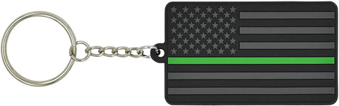 American Flag Keychain with Key Ring - Military/Park Ranger/Border Patrol – Soft PVC Rubber - (Thin Green Line)