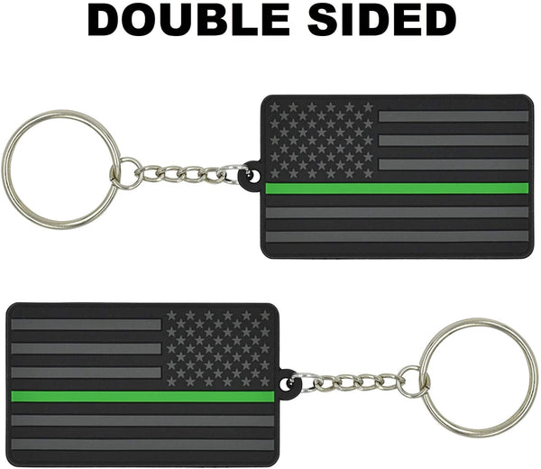 American Flag Keychain with Key Ring - Military/Park Ranger/Border Patrol – Soft PVC Rubber - (Thin Green Line)