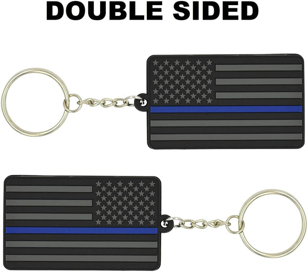 American Flag Keychain with Key Ring - Law Enforcement - Soft PVC Rubber - (Thin Blue Line)