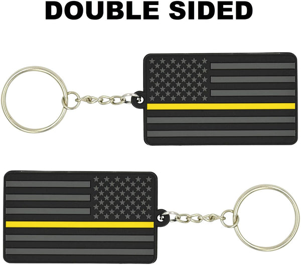 American Flag Keychain with Key Ring - Emergency Dispatcher/Tow Truck Driver/Security Guard - Soft PVC Rubber - (Thin Gold Line)