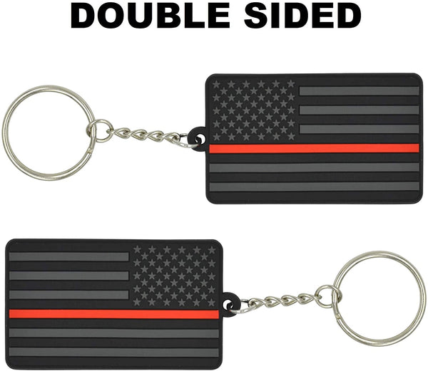American Flag Keychain with Key Ring - Fireman Firefighter – Soft PVC Rubber - (Thin Red Line)