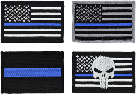 American Flag Patch 4-Pack Set, Embroidered, Hook and Loop (Thin Blue Line)