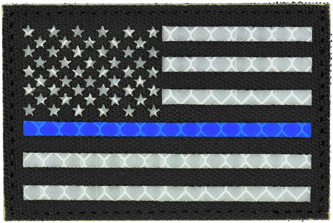 Reflective American Thin Blue Line Flag Patch, 2x3 inch, Cordura Material, Hook and Loop, Military and Tactical Accessory for Clothing-Jackets-Hats-Backpacks (Thin Blue Line)