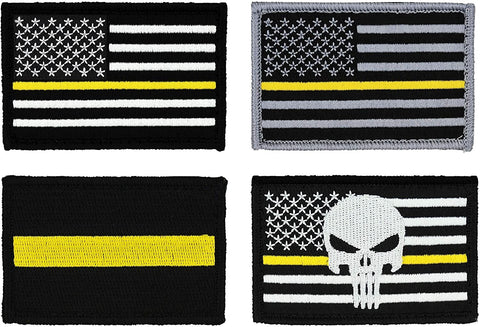 American Flag Patch 4-Pack Set, Embroidered, Hook and Loop (Thin Gold Line)