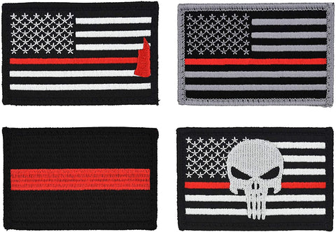 American Flag Patch 4-Pack Set, Embroidered, Hook and Loop (Thin Red Line)