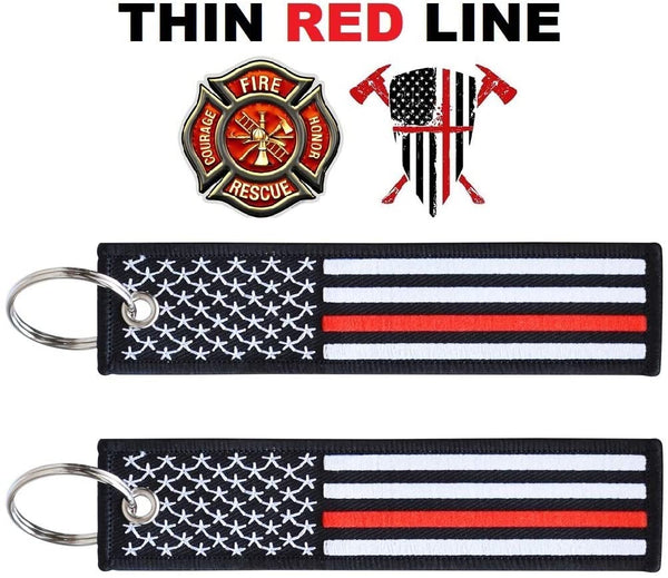 American Flag Keychain with Key Ring and Carabiner - Fireman Firefighter - (Thin Red Line)