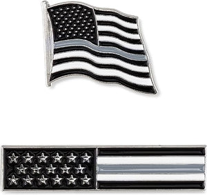 Thin Grey Line American Flag USA Lapel Pin Set - Waving Flag + Rectangle Bar