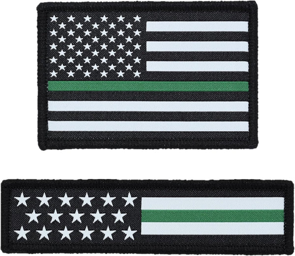 American Flag Hat Patch Set, 2x3 & 1x4, Woven, Hook and Loop (Thin Green Line)