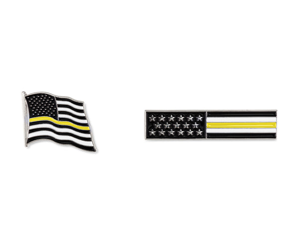 Thin Gold Line American Flag USA Lapel Pin Set - Waving Flag + Rectangle Bar