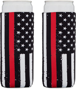 Thin Red Line Collapsible Beer and Seltzer Can Beverage Cooler Sleeves - 2 Pack - Tall Slim Size 12 oz - 3mm Thick Insulated Neoprene