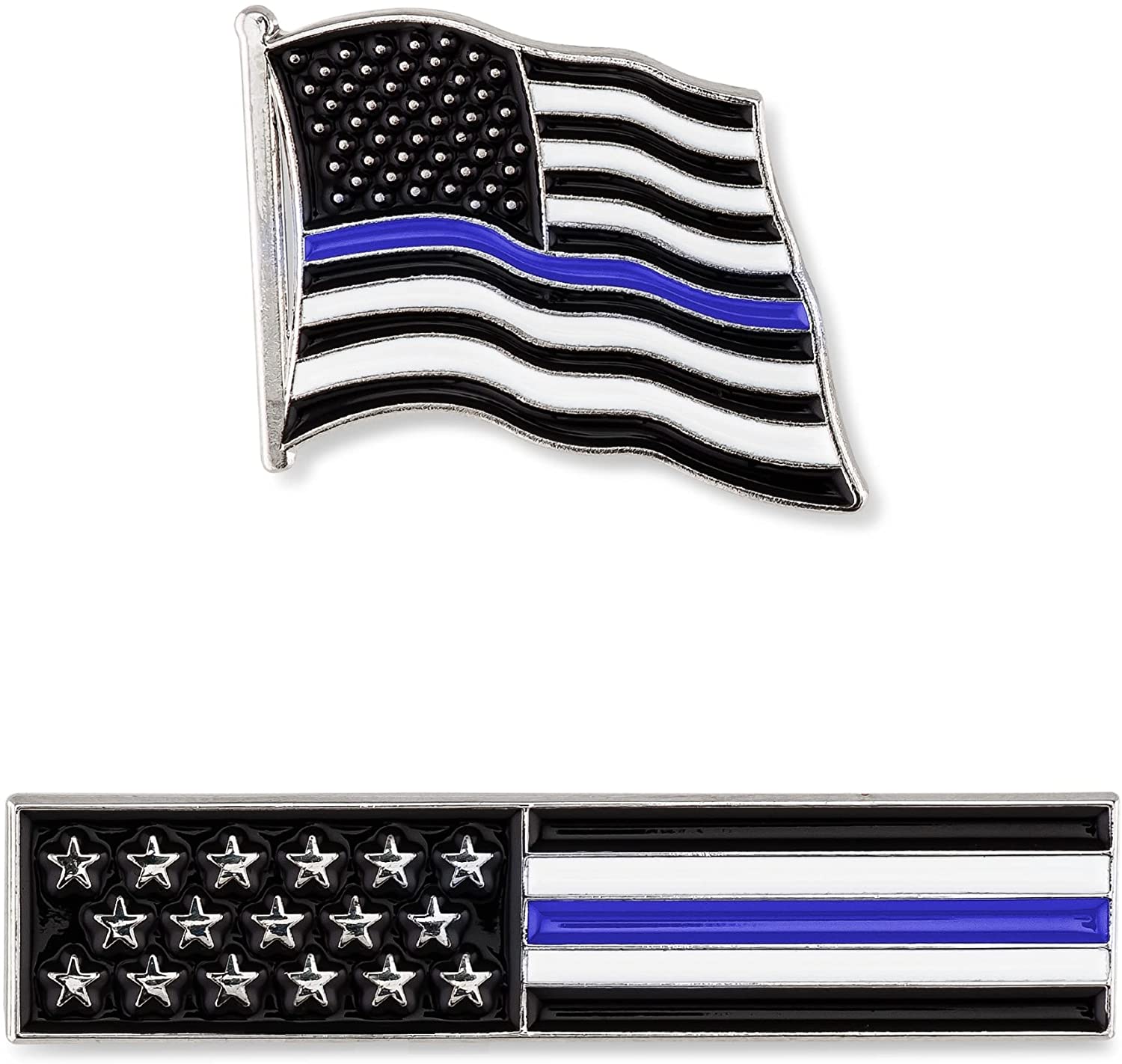 Thin Blue Line American Flag USA Lapel Pin Set - Waving Flag + Rectangle Bar