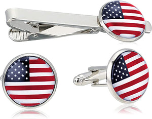 American Flag Tie Bar Clip and Cufflinks Set - Silver Colored Metal Plated - Luxury Clothing Accessories (Red White Blue)