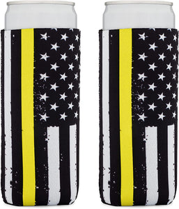 Thin Gold-Yellow Line Collapsible Beer and Seltzer Can Beverage Cooler Sleeves - 2 Pack - Tall Slim Size 12 oz - 3mm Thick Insulated Neoprene