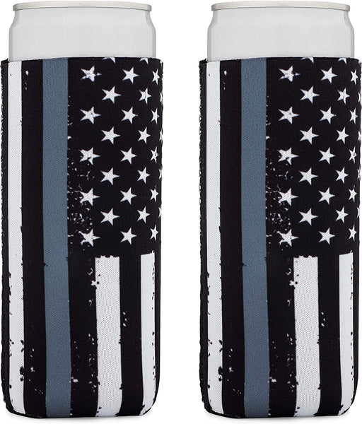 Thin Grey-Gray-Silver Line Collapsible Beer and Seltzer Can Beverage Cooler Sleeves - 2 Pack - Tall Slim Size 12 oz - 3mm Thick Insulated Neoprene