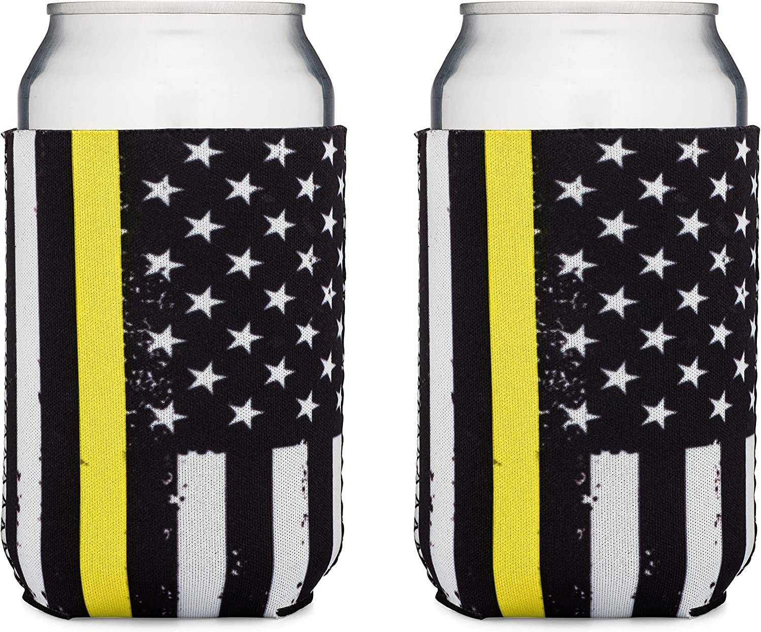 Thin Gold-Yellow Line Collapsible Beer Can and Bottle Beverage Cooler Sleeves - 2 Pack - Standard Size 12 oz - 3mm Thick Insulated Neoprene